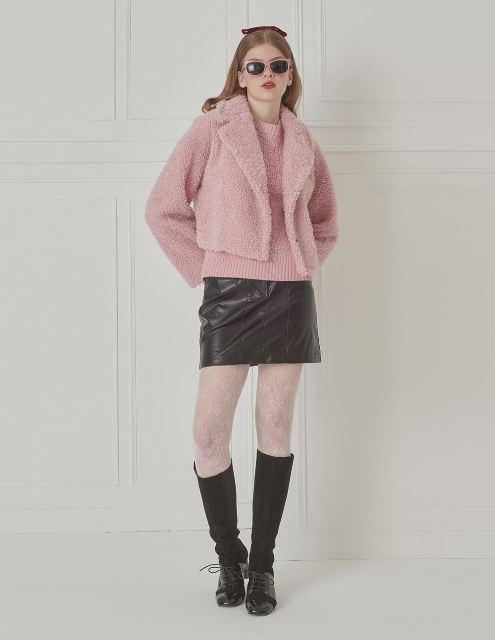 BORA AKSU Short Pink Sheep's Wool Plush Coat