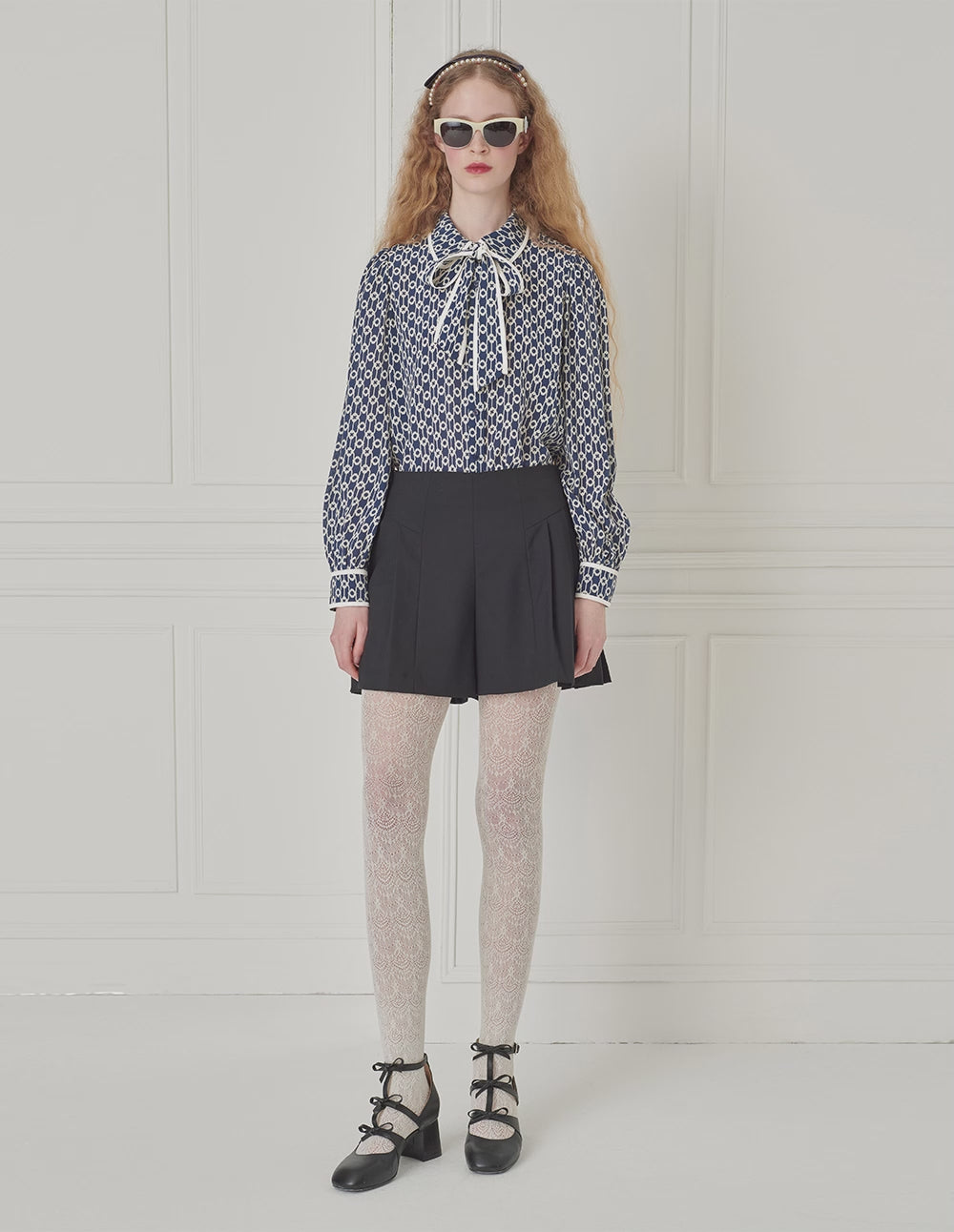 BORA AKSU Silk Mulberry Puff Sleeve Elegant Patchwork Bow Collar Printed Shirt