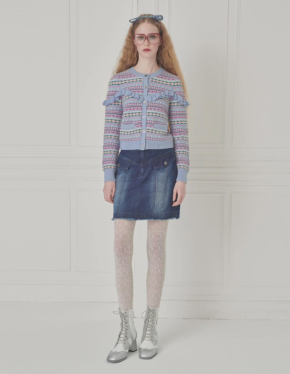 BORA AKSU Fair Isle jacquard crew neck ruffled knitted cardigan