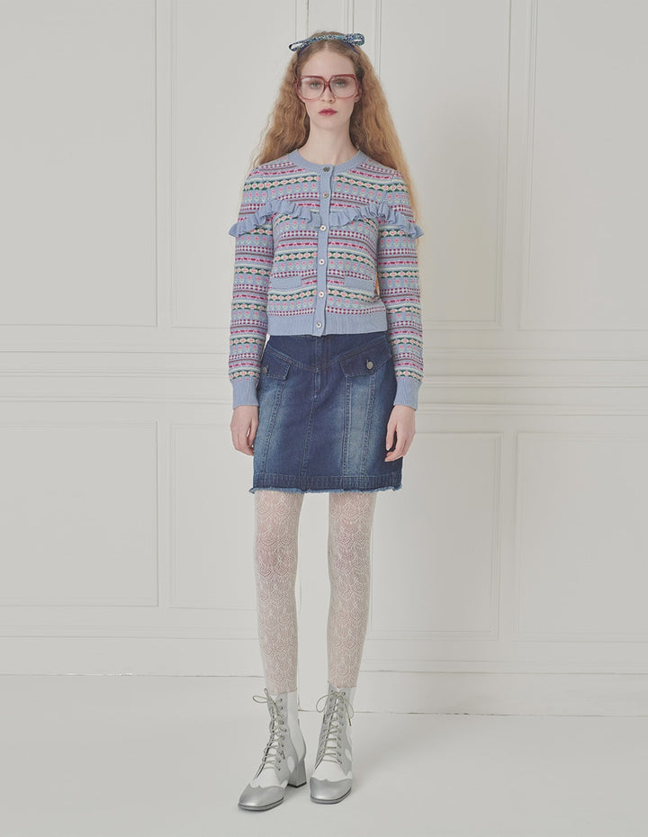 BORA AKSU Fair Isle jacquard crew neck ruffled knitted cardigan