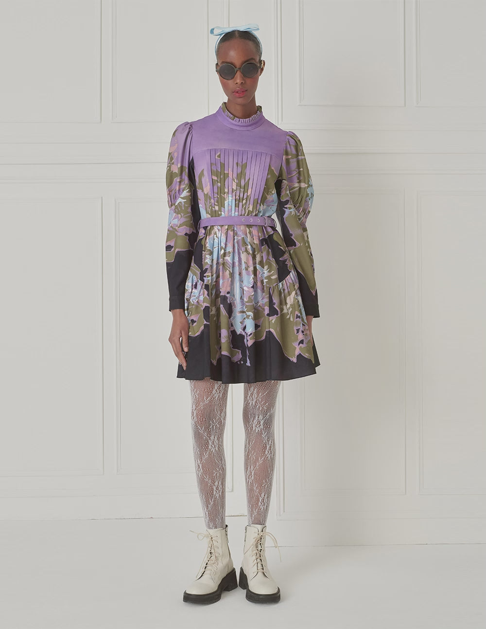 BORA AKSU Stand Collar Pleated Printed Dress