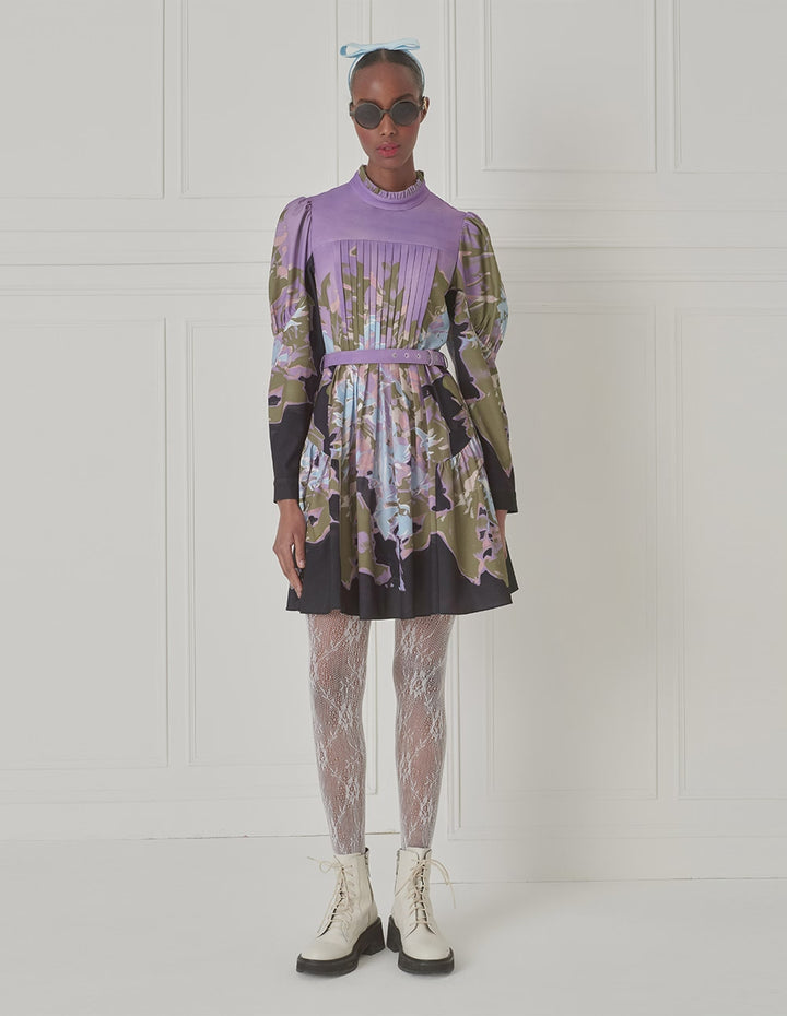 BORA AKSU Stand Collar Pleated Printed Dress