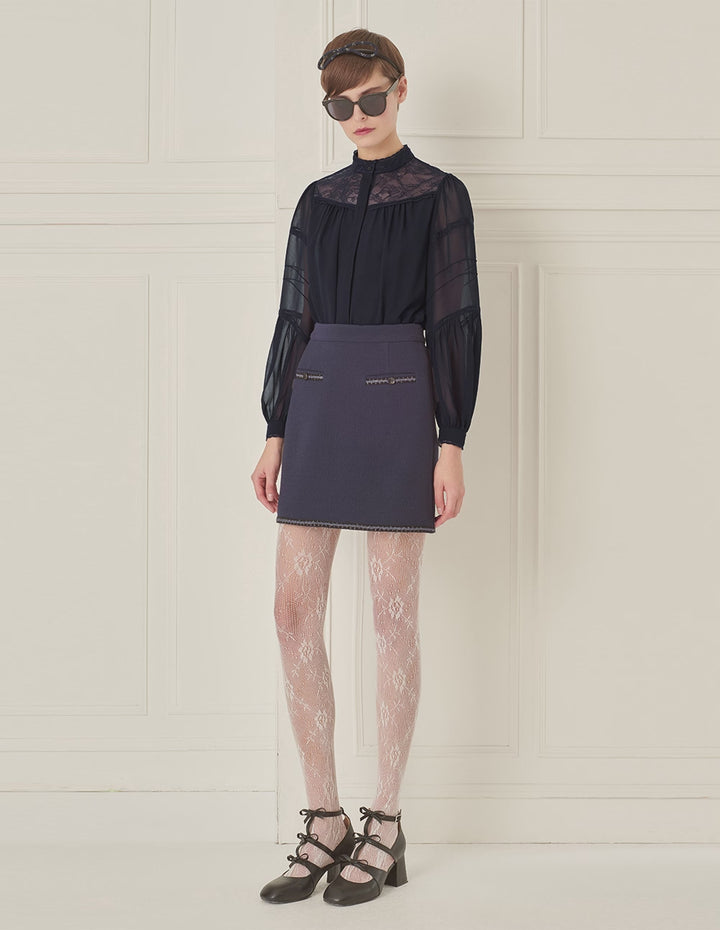 BORA AKSU Stand Collar Puff Sleeve Lace Patchwork Long Sleeve Shirt