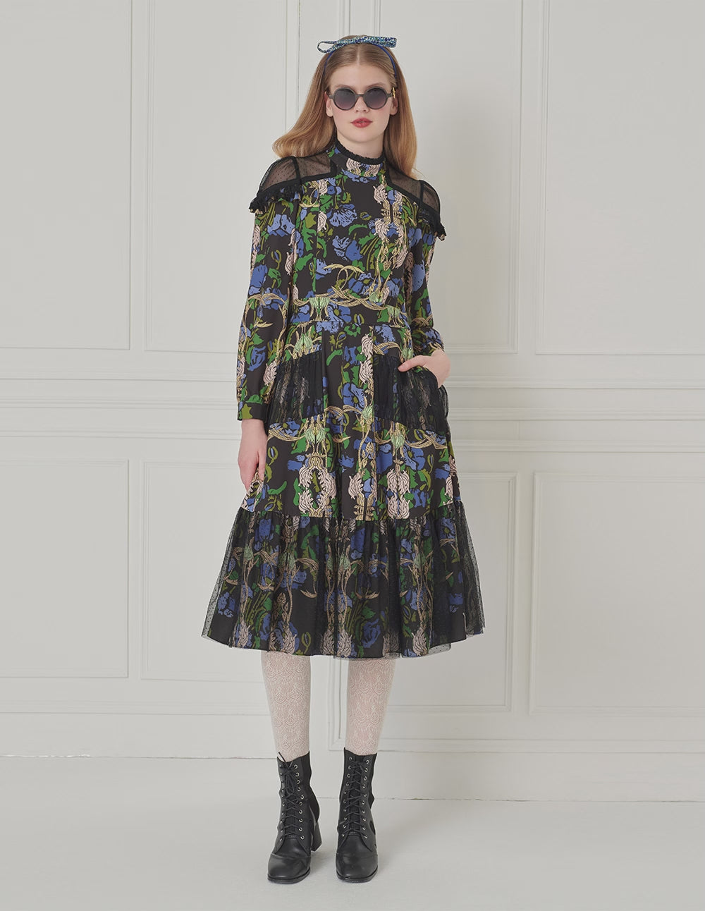 BORA AKSU Vintage High-Collar Mesh Patchwork Printed Pleated Midi Dress