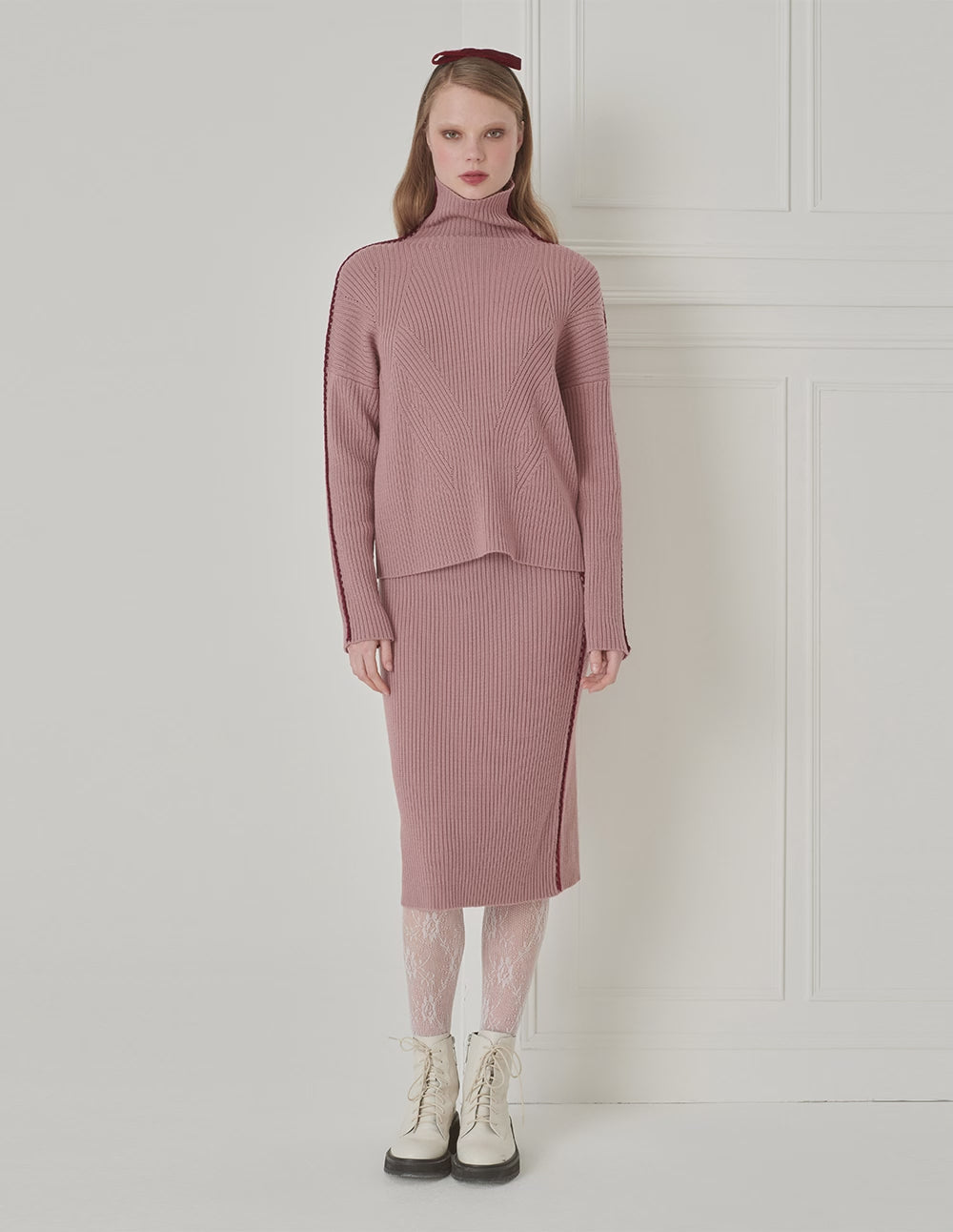 BORA AKSU Hand-Crocheted Pink Contrast Wool Straight Skirt