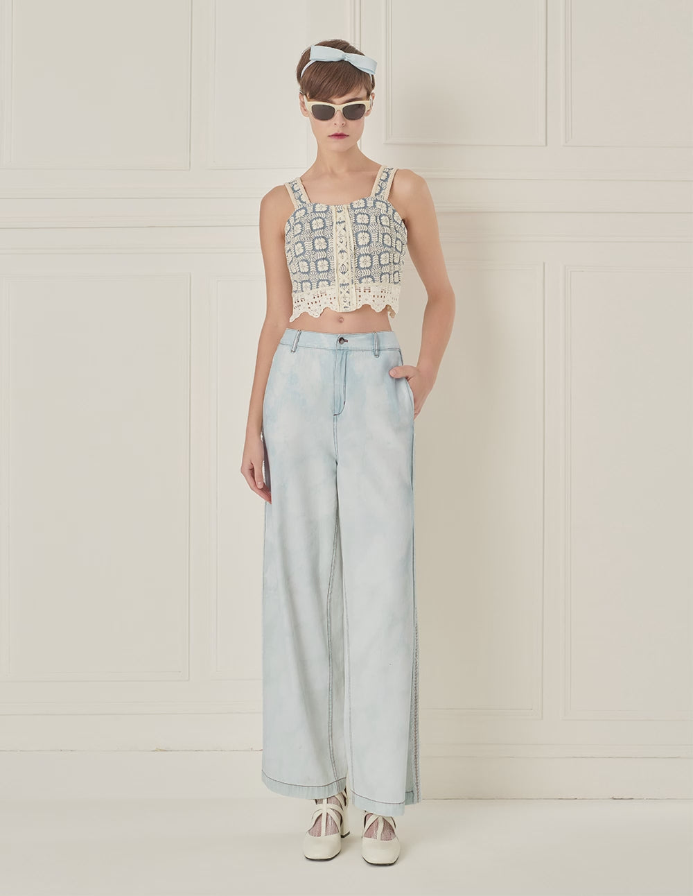 BORA AKSU Casual And Versatile White Washed Denim Wide-Leg Pants