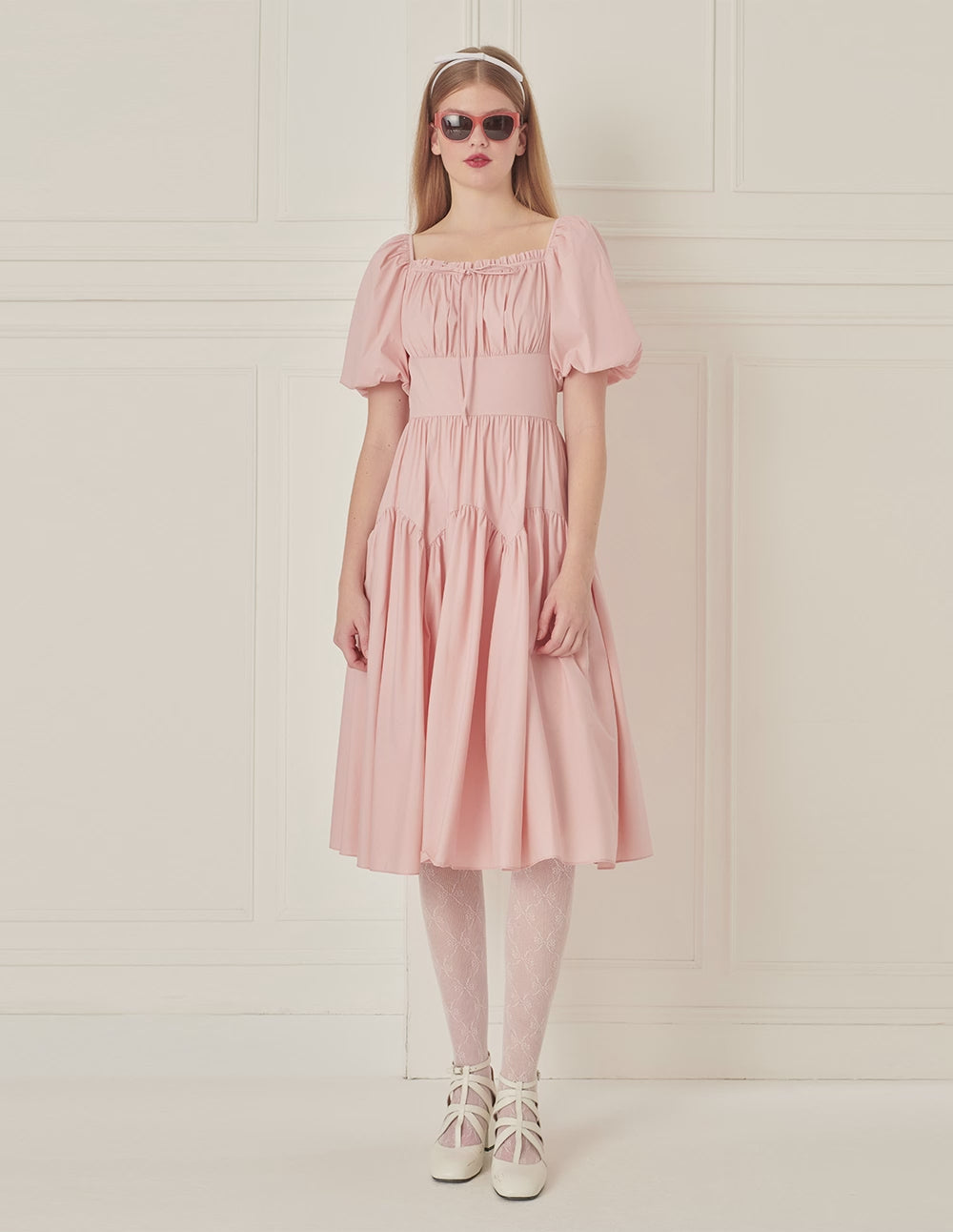 BORA AKSU Diamond Collar Pleated Short Sleeves Dress