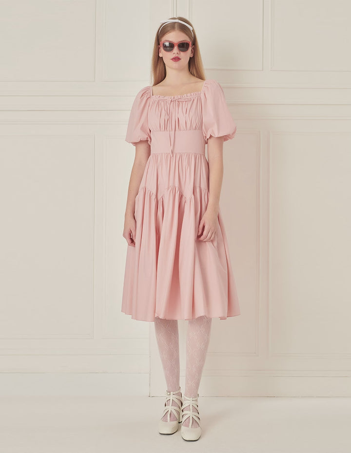 BORA AKSU Diamond Collar Pleated Short Sleeves Dress