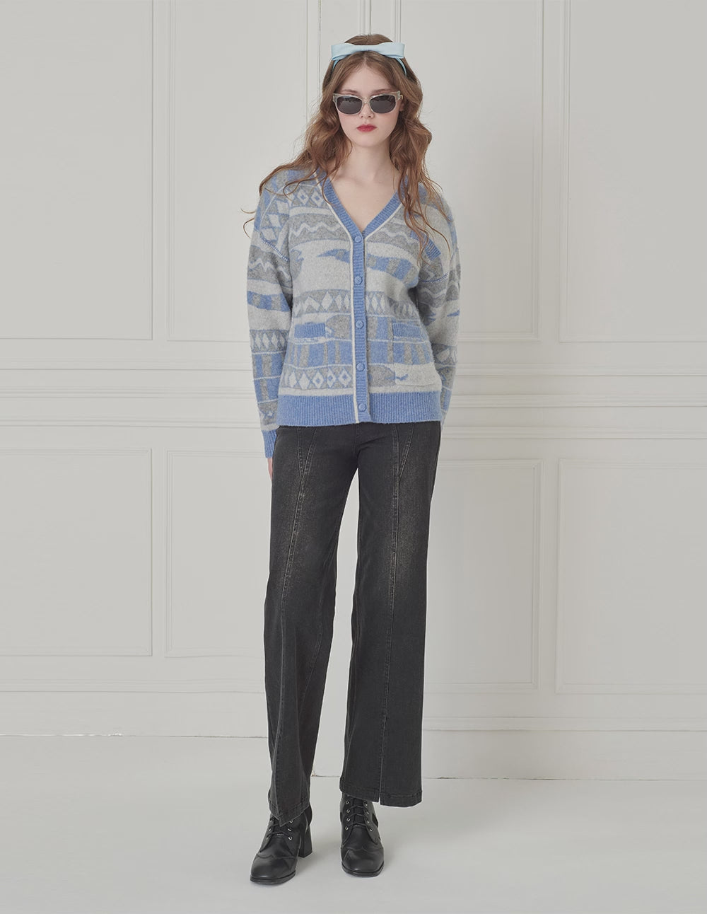 BORA AKSU V-Neck Dropped-Shoulder Long-Sleeve Striped Mid-Length Loose Knitted Cardigan