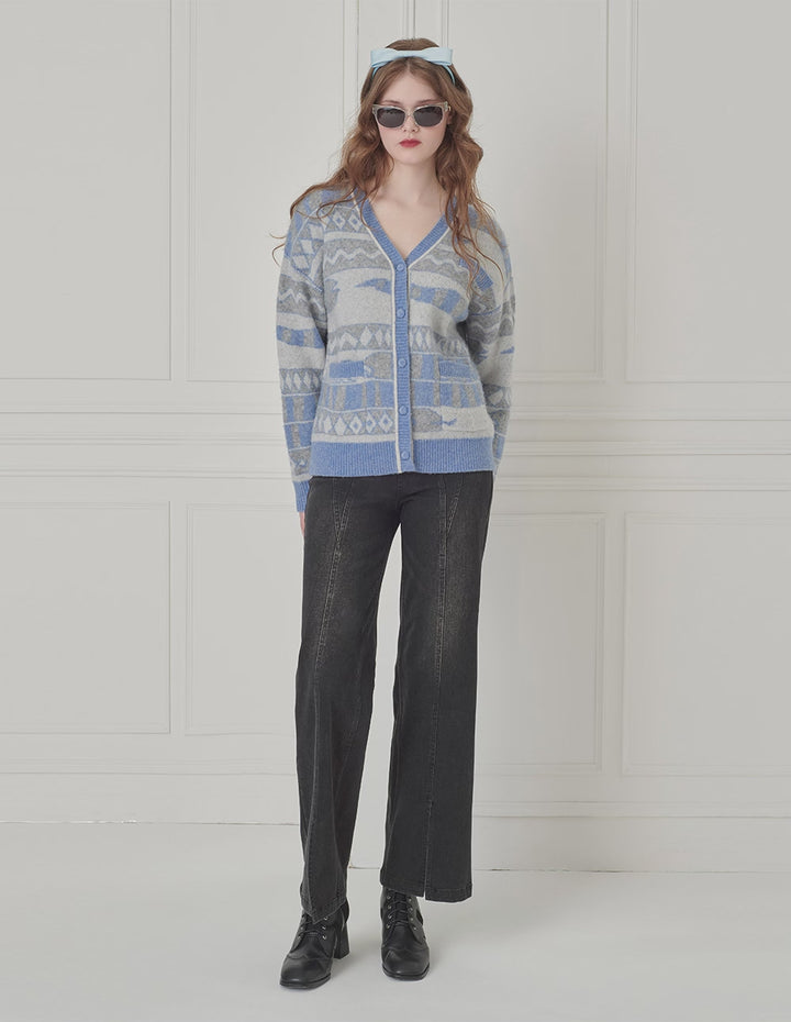 BORA AKSU V-Neck Dropped-Shoulder Long-Sleeve Striped Mid-Length Loose Knitted Cardigan