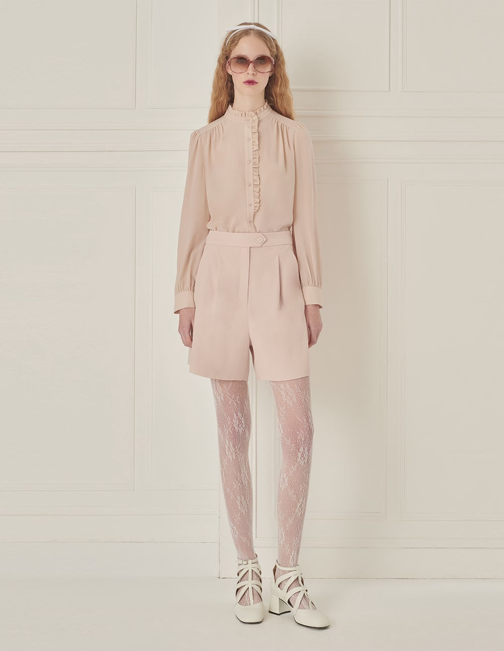 BORA AKSU Mulberry Silk Puff-Sleeved Elegant Ruffles Stand-Collar Blouse