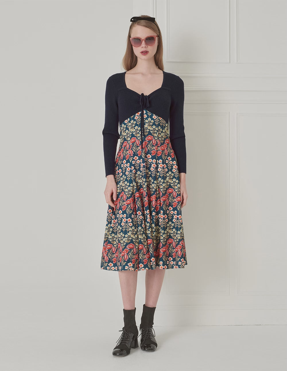 BORA AKSU Retro Diamond Collar Knit Woven Patchwork Printed Dress