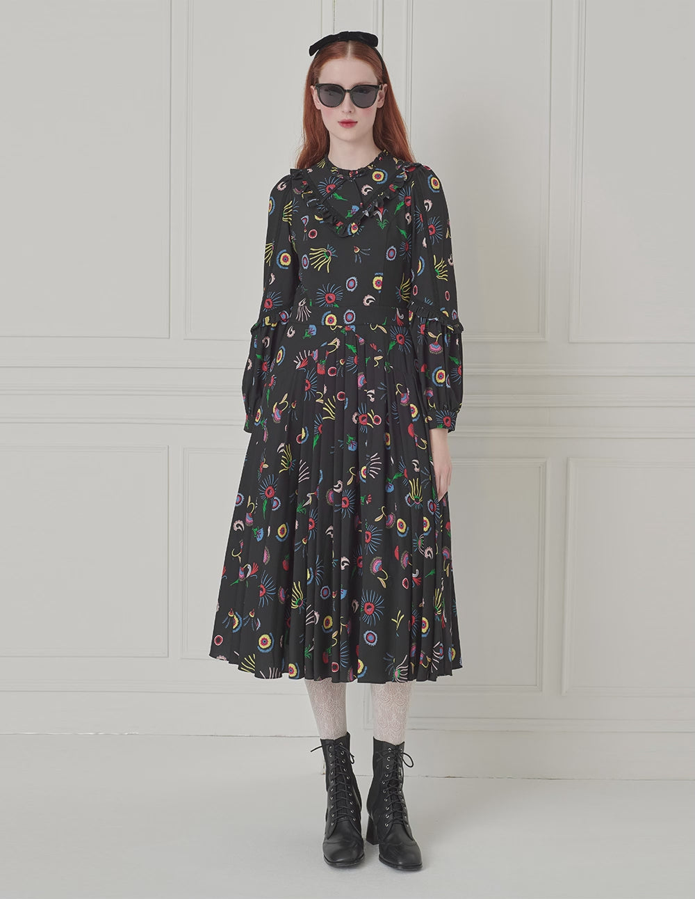BORA AKSU Ruffle Long-Sleeve Printed Pleated Midi Dress
