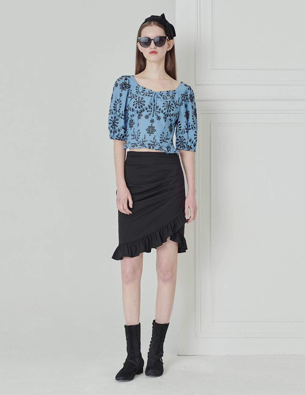 BORA AKSU Diamond Collar Fog Blue Cutout Embroidery Top