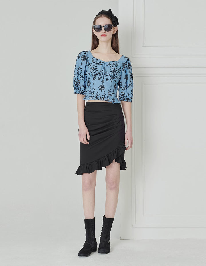 BORA AKSU Diamond Collar Fog Blue Cutout Embroidery Top