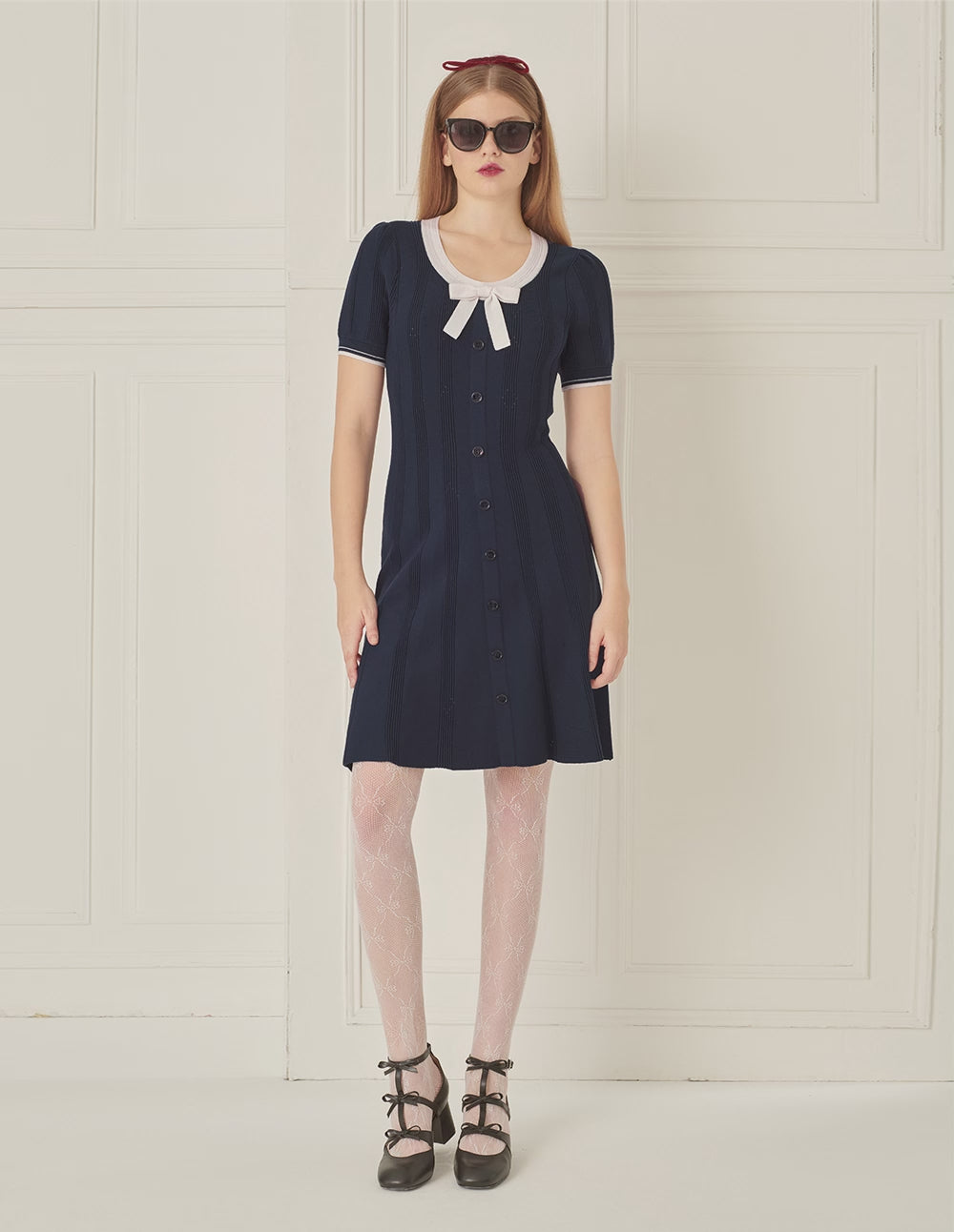 BORA AKSU French Blue And White Contrast Bow Round Neck Dress