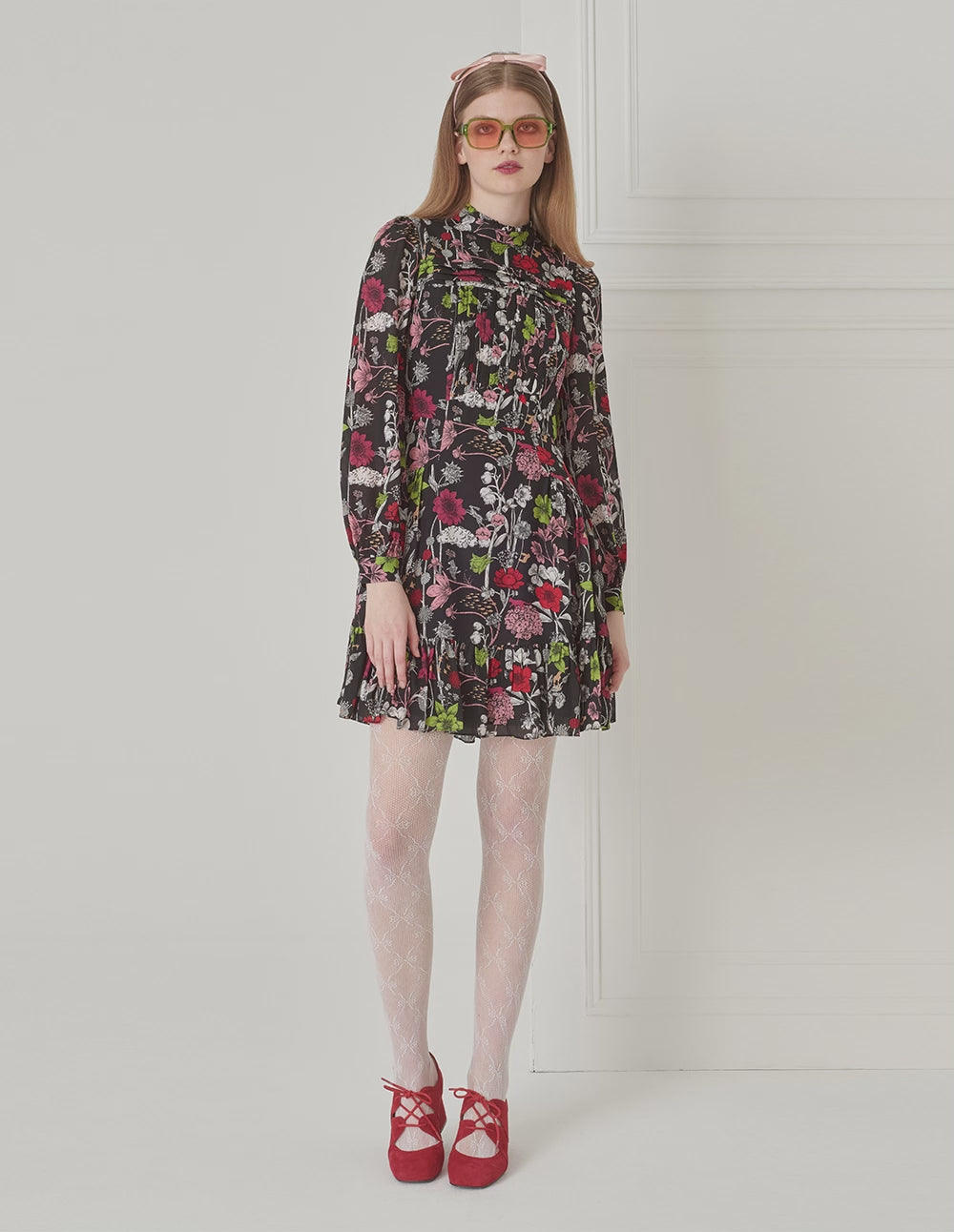 BORA AKSU Vintage Puff Sleeve Stand Collar Silk Print Floral Dress