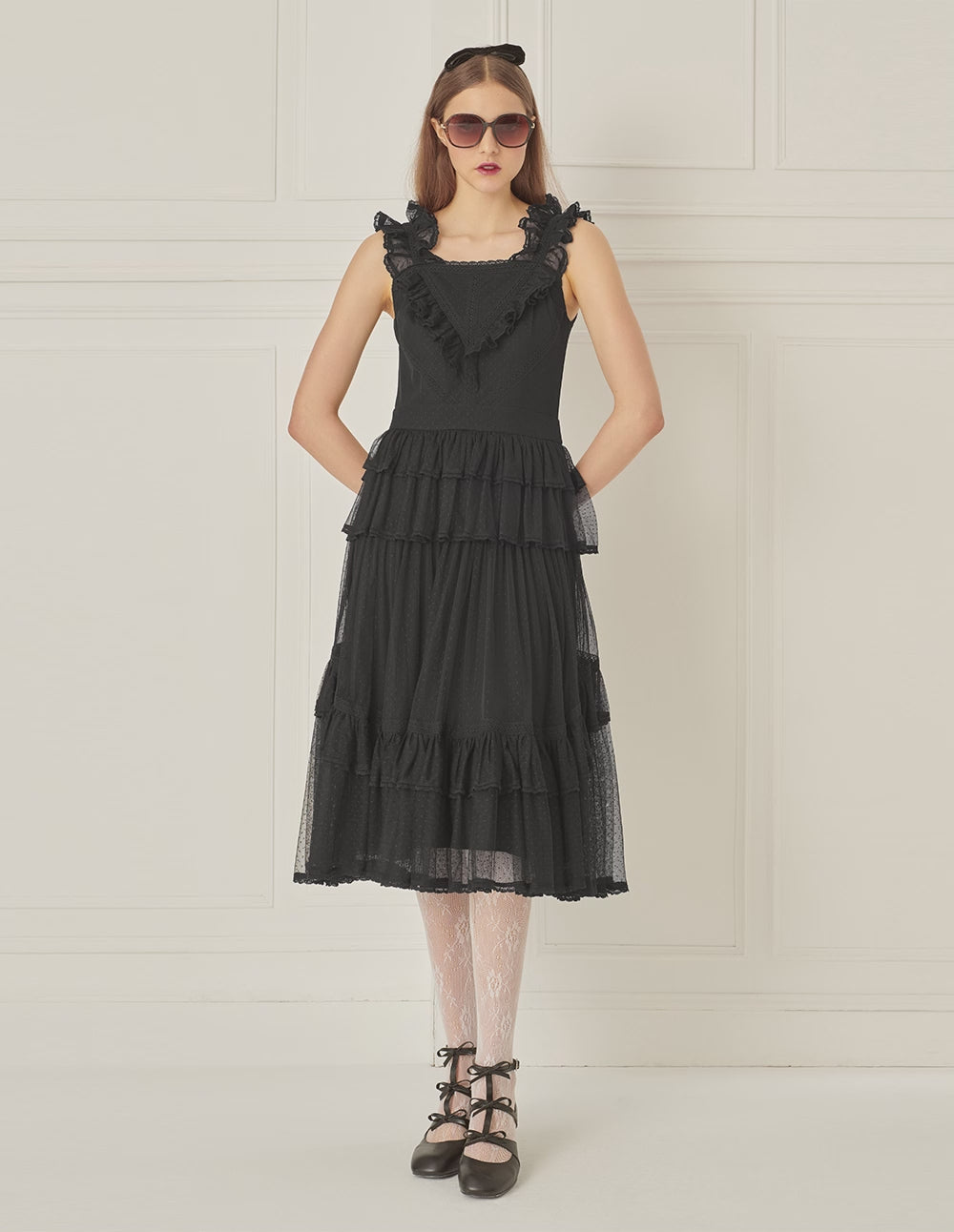 BORA AKSU Mesh Layered Ruffles Line Pleated Dress
