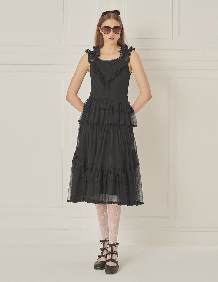 BORA AKSU Mesh Layered Ruffles Line Pleated Dress