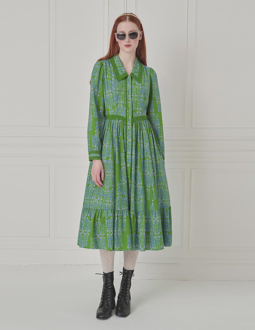 BORA AKSU Long Sleeve Printed Pleated Ruffle Lace-Embellished Button Dress