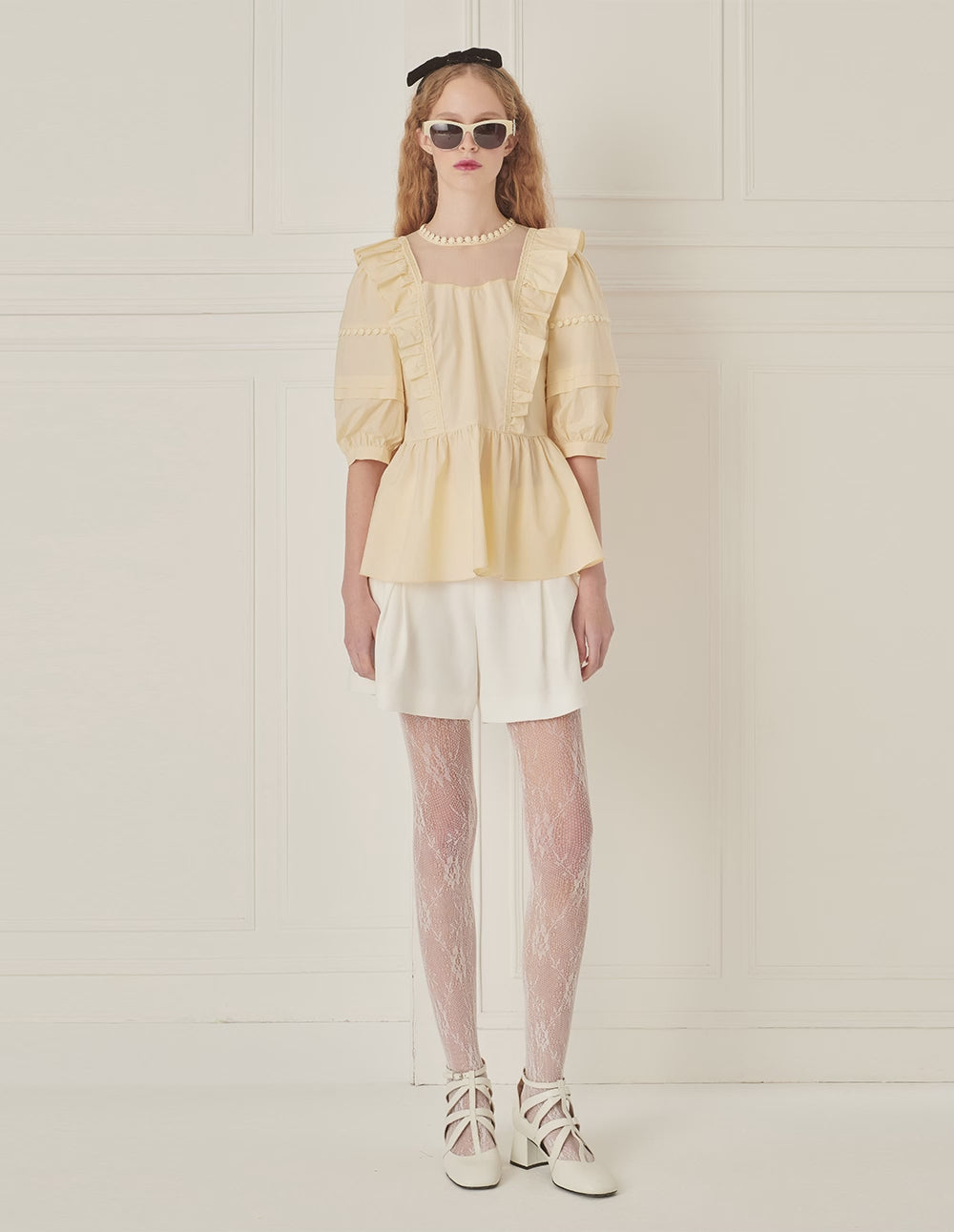 BORA AKSU Puff Sleeve Mesh Collar Patchwork Top