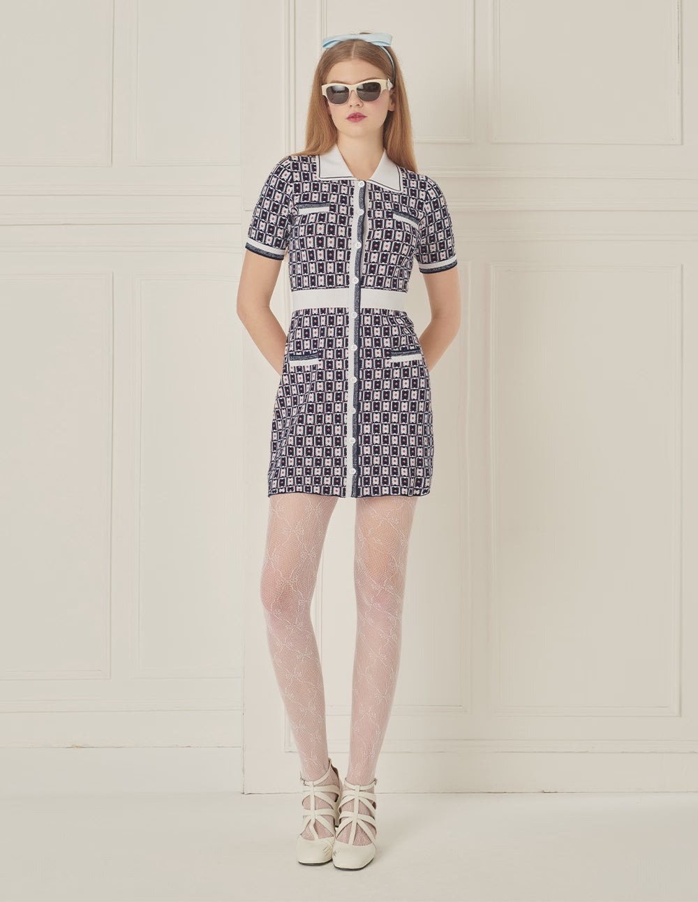 BORA AKSU Retro Contrasting Geometric Pattern Lapel Knitted Dress