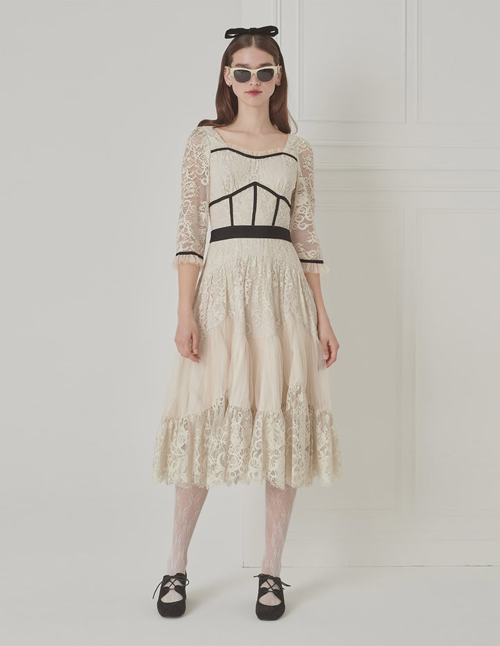 BORA AKSU Elegant Colourblock Bib Diamond Neck Lace Dress