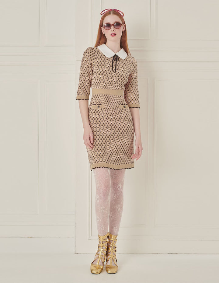 BORA AKSU Peter Pan Collar Jacquard Khaki Dress