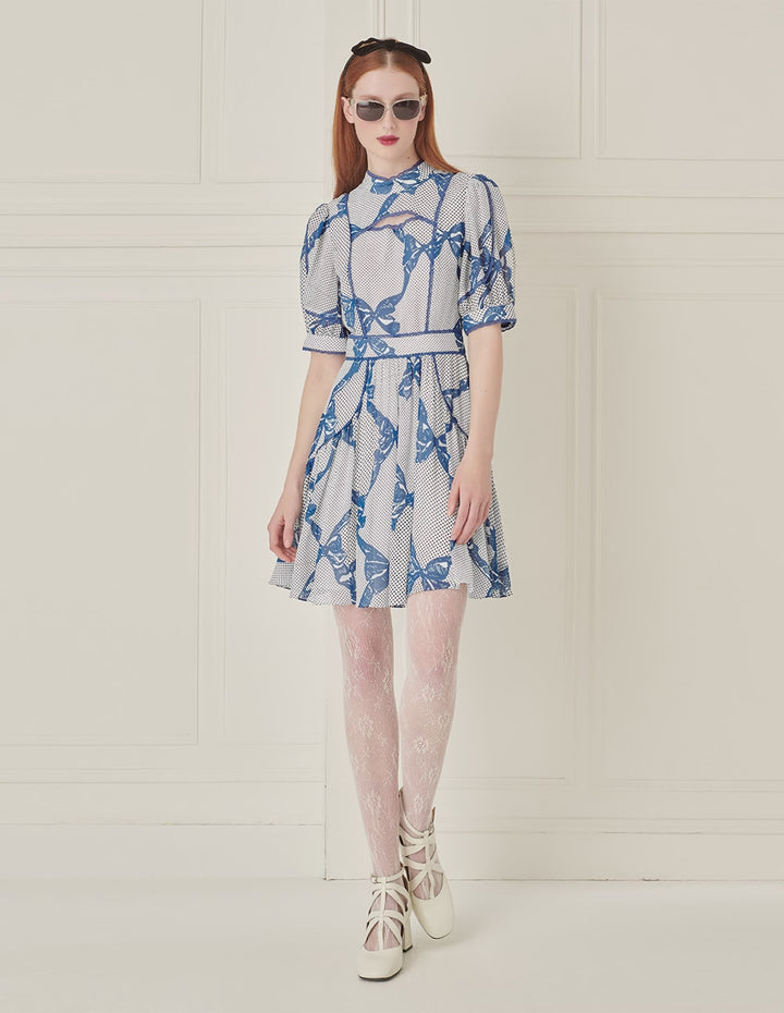 BORA AKSU French Stand Collar Puff Sleeve Bow Print Dress