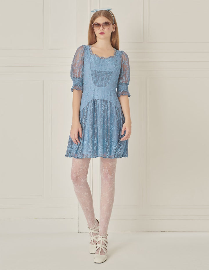 BORA AKSU French Court Puff Sleeve Diamond Collar Lace Dress