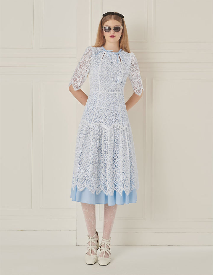 BORA AKSU Romantic Blue And White Lace Court Style Dress