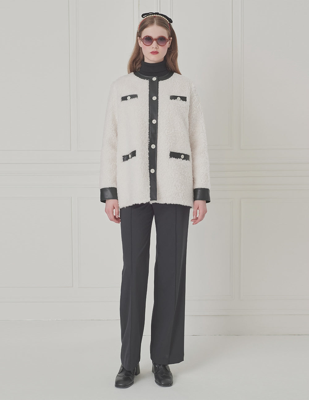 BORA AKSU Crew-Neck Multi-Pocket Shift Contrast-Color Wool Jacket