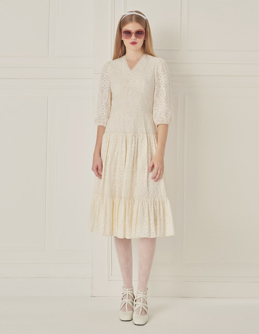 BORA AKSU Puff Sleeve V-Neck Lace Dress