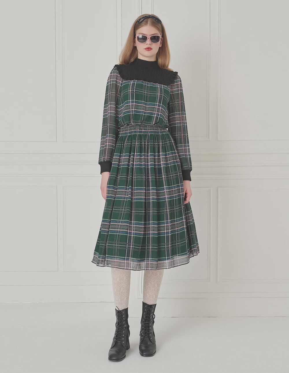 BORA AKSU Ruffled Stand-Up Collar Plaid Puff Long-Sleeve Knitted Splicing Dress