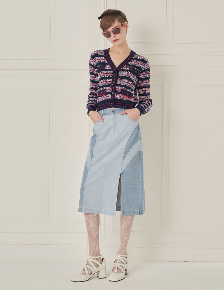 BORA AKSU Versatile Washed Blue Colour Block Slit Denim Skirt