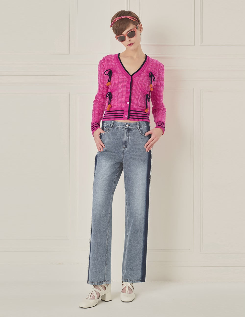 BORA AKSU Versatile White Washed Blue Frayed Wide Leg Jeans