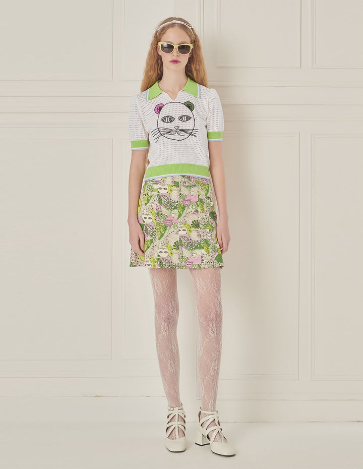 BORA AKSU Lapel Cutout Textured Cat Crochet Cropped Polo