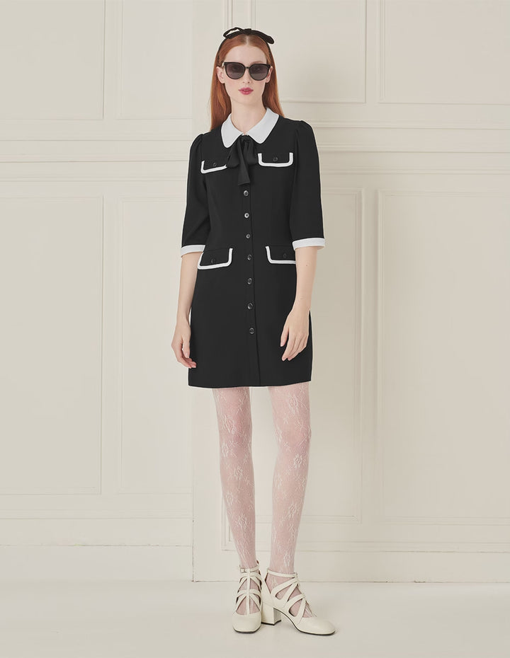 BORA AKSU French Contrast Lapel Bow Tie Dress