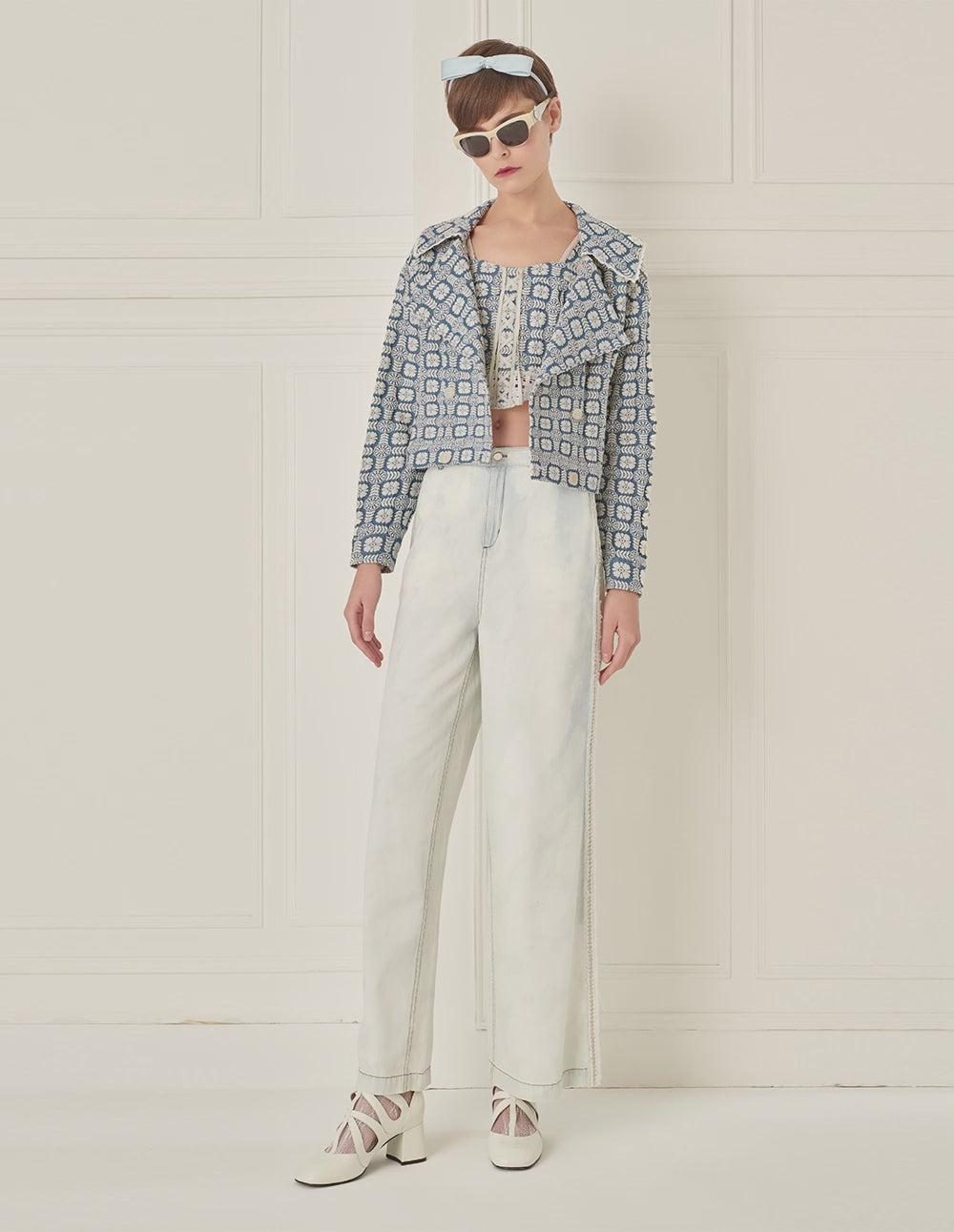 BORA AKSU Lace Lapel Embroidered Denim Jacket