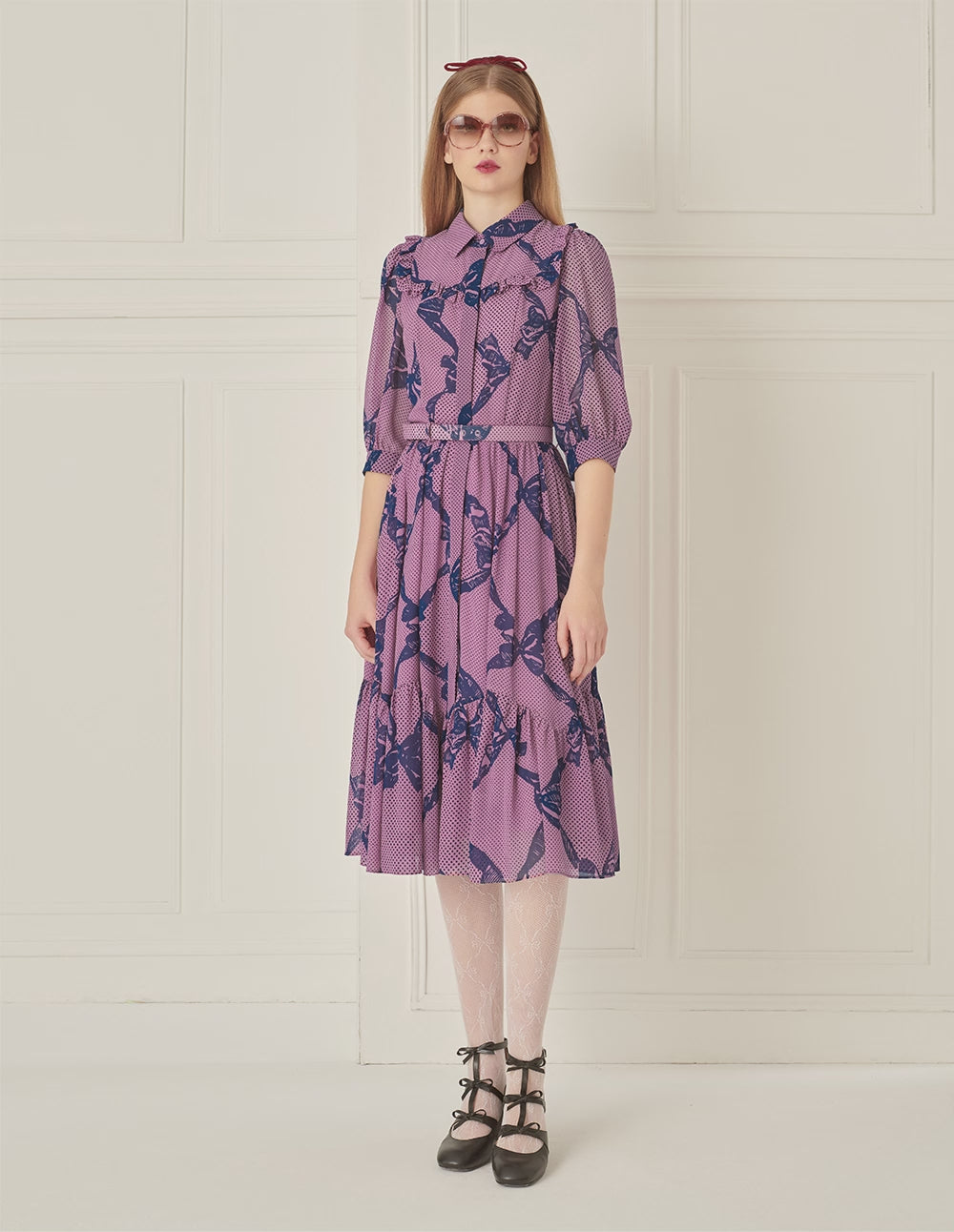 BORA AKSU Retro Puff Sleeve Ruffle Skirt Printed Dress