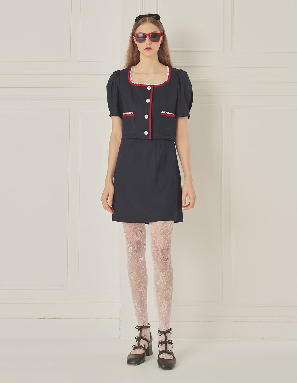 BORA AKSU Square Collar Lace Colour Block Short Coat