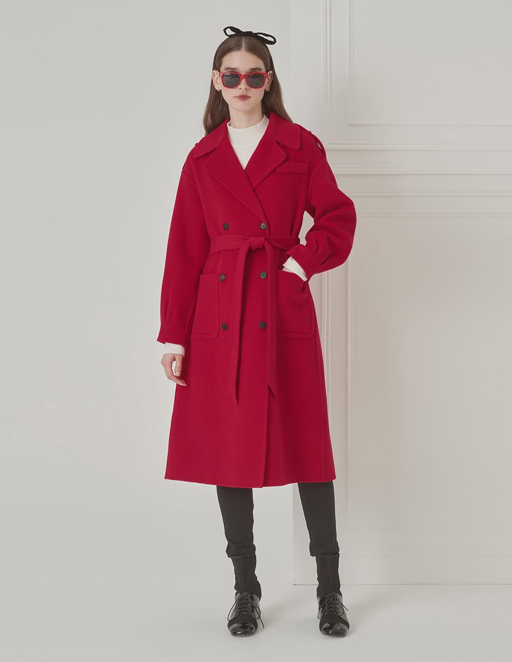 BORA AKSU Elegant Red Lantern Sleeve Lapel Lace-Up Woolen Coat