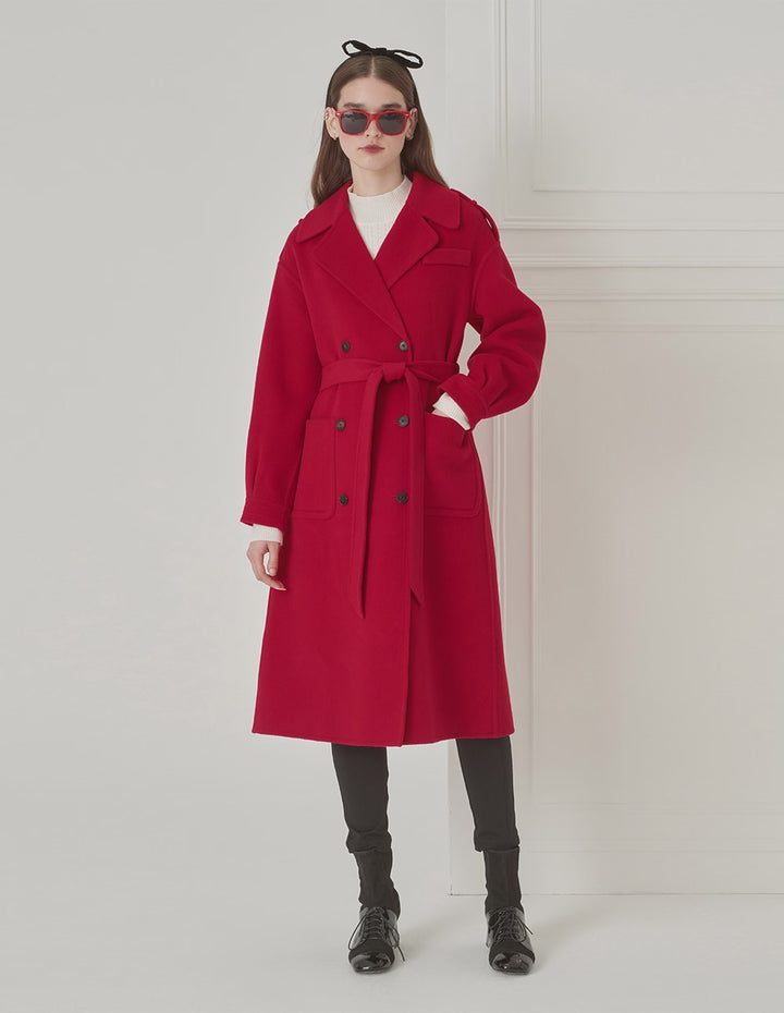 BORA AKSU Elegant Red Lantern Sleeve Lapel Lace-Up Woolen Coat