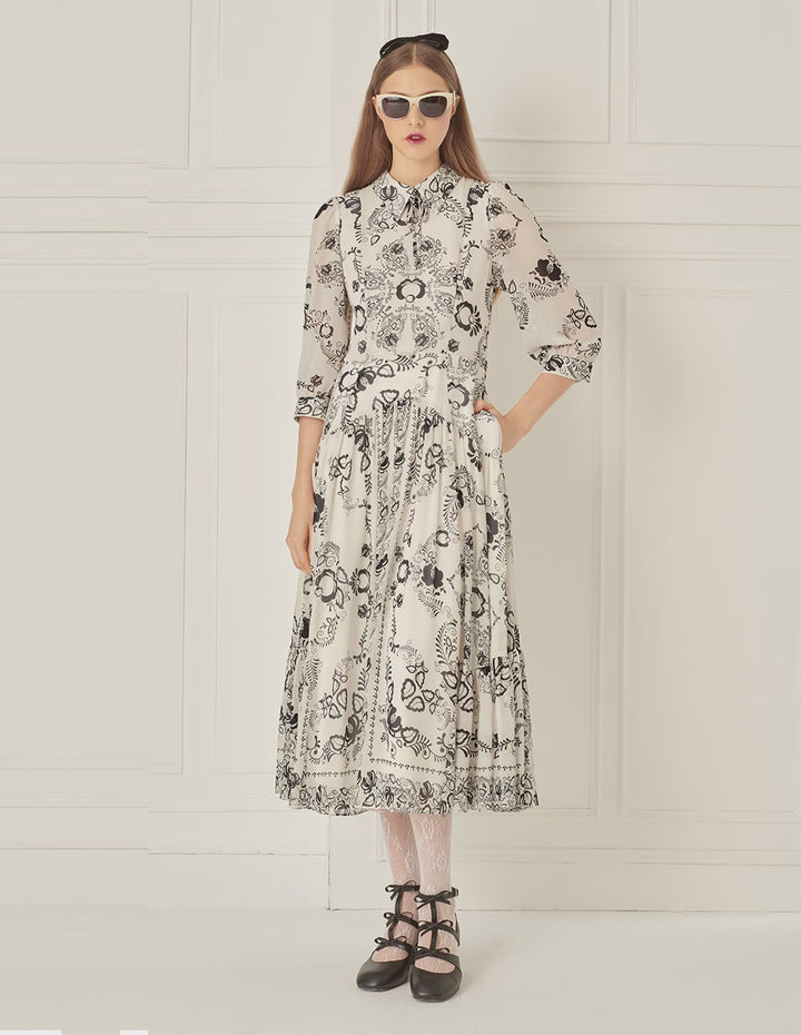 BORA AKSU Puff Sleeve Pleated Line Drawing Print Dress