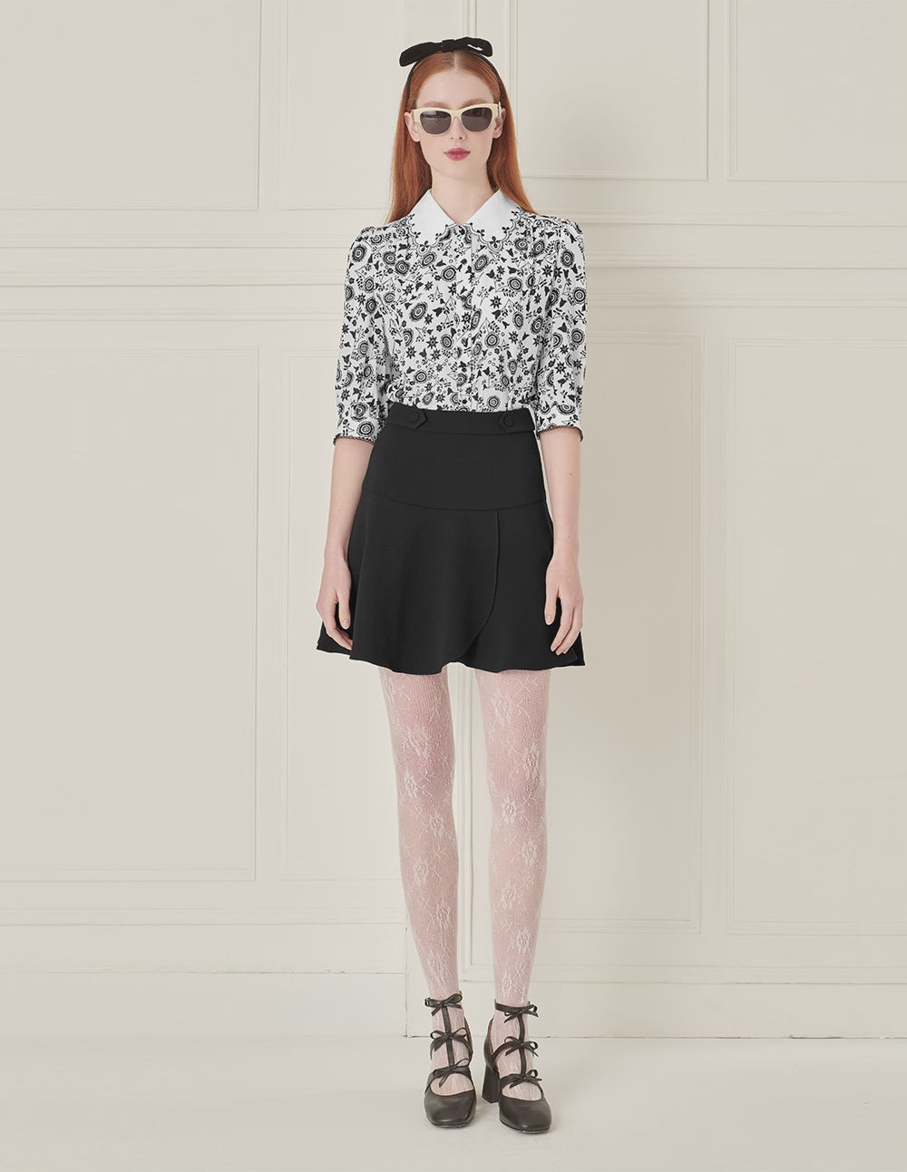 BORA AKSU Silk Puff Sleeve Retro Embroidered Collar Printed Blouse