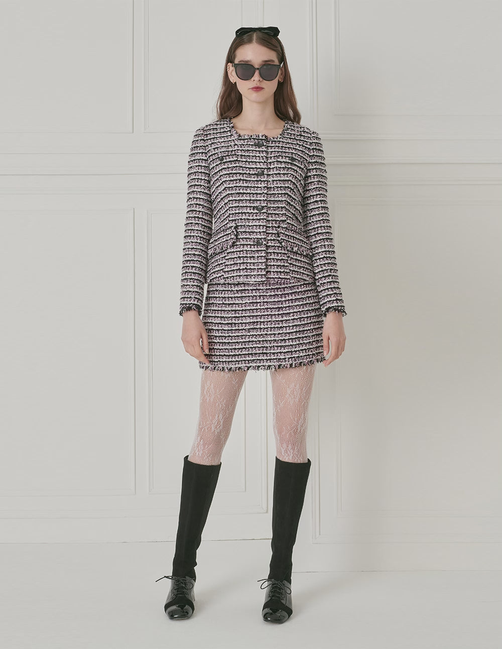 BORA AKSU Vintage Diamond Collar Frilled Embellished Tweed Jacket