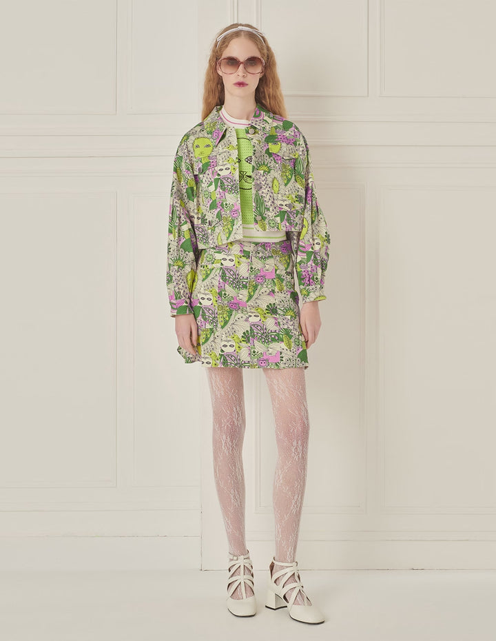 BORA AKSU Puff Sleeve Printed Short Denim Jacket