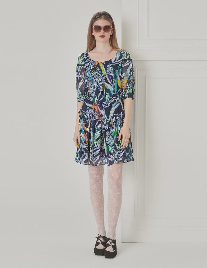 BORA AKSU French Puff Sleeve Designer Hand-Painted Print Dress