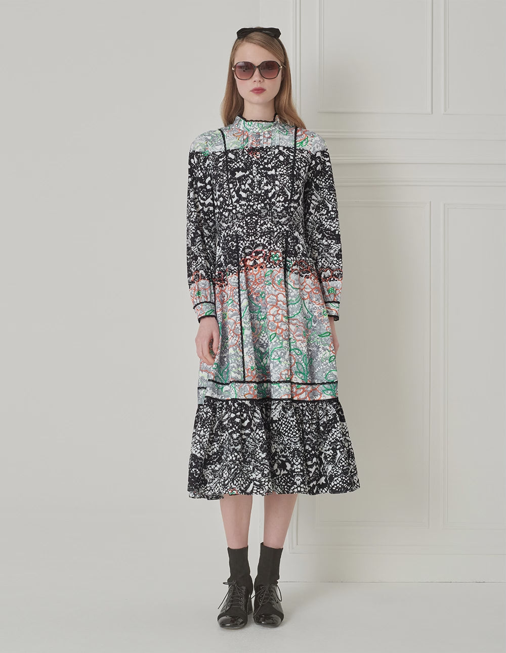 BORA AKSU French Retro Puff Sleeve Stand Collar Printed Dress