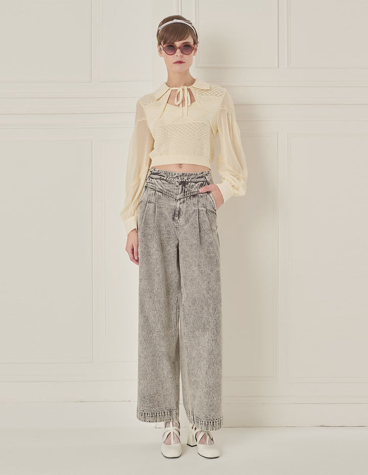 BORA AKSU Bow-Tie Collared Cutout Puff-Sleeve Knitted Sweater